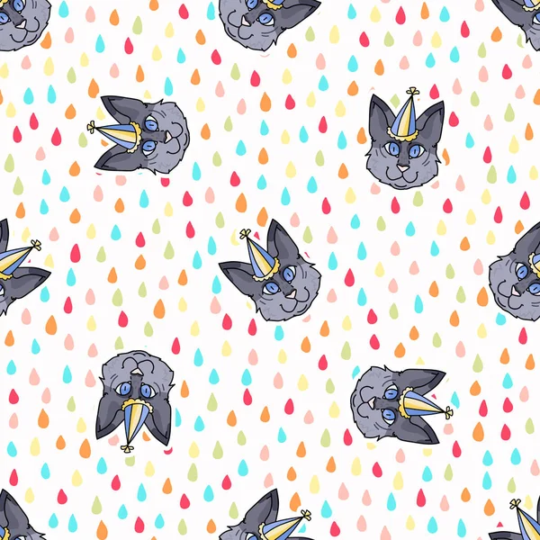 Niedliche Karikatur munchkin Katzengesicht mit Party Hut nahtlose Vektormuster. Pedigree Kitty Rasse Hauskatze Hintergrund. Katzenfreunde feiern auf der ganzen Welt. EPS 10. — Stockvektor
