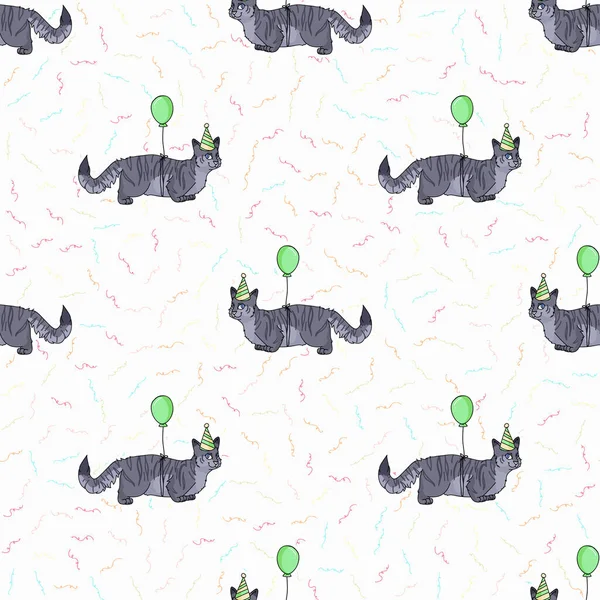 Χαριτωμένο cartoon munchkin γάτα με το καπέλο κόμμα απρόσκοπτη διάνυσμα μοτίβο. Το γενεαλογικό γατάκι αναπαράγει οικογενειακό ιστορικό γάτας. Γιορτή για εραστές γατών παντού. Άτριχη σύντομη EPS 10. — Διανυσματικό Αρχείο