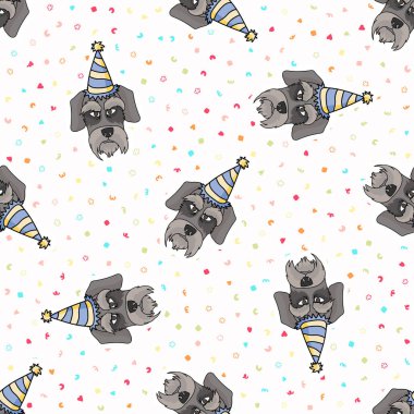 El çizimi şirin köpek suratı ve parti şapkası kusursuz vektör deseni. Safkan köpek yavrusu kutlaması geçmişi. Her yerde köpek sever teriyerler var. Köpek kulübesi köpeği. EPS 10. 