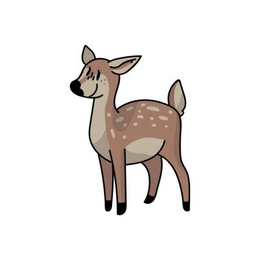 Tatlı orman ceylanı vektör çizimi. Boynuzlu geyik. Çocuksu bir el çizimi. Oyun hayvanları için, boho çocuklar için moda, moda karalama ormanlık grafik tasarımı. 