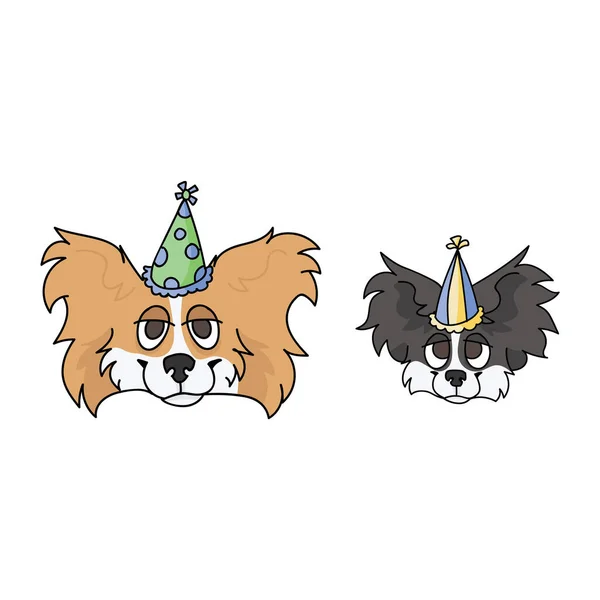 パーティの帽子ベクトルクリッパーとかわいい漫画のパピヨン犬。血統犬犬の愛好家のための犬の品種。お祝いイラストのマスコットのための純血国内子犬。隔離された犬のふわふわ。EPS 10. — ストックベクタ