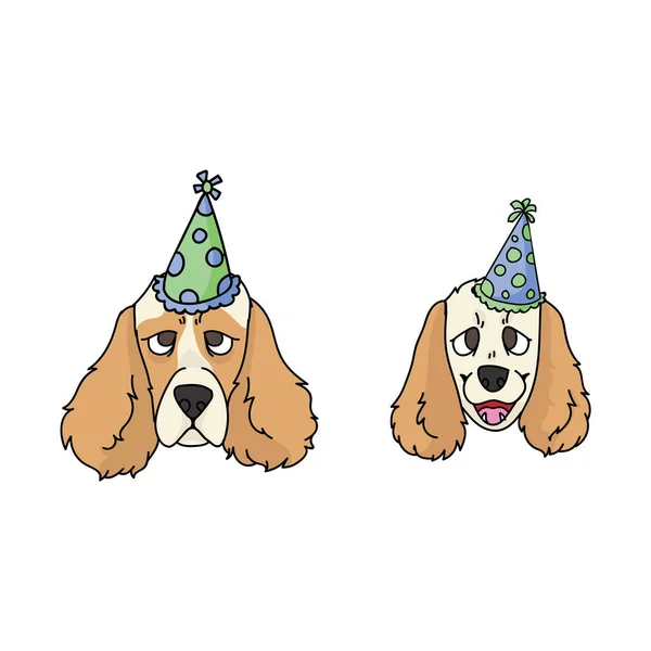 Χαριτωμένο καρτούν κόκερ σκυλί σπανιέλ και κουτάβι πρόσωπο με κόμμα καπέλο διάνυσμα clipart. Εραστές σκύλων για παιδιά. Καθαρόαιμο οικιακό κουτάβι για την απεικόνιση μπαλόνι μασκότ. Απομονωμένα αγγλικά σκυλιά. EPS 10. — Διανυσματικό Αρχείο