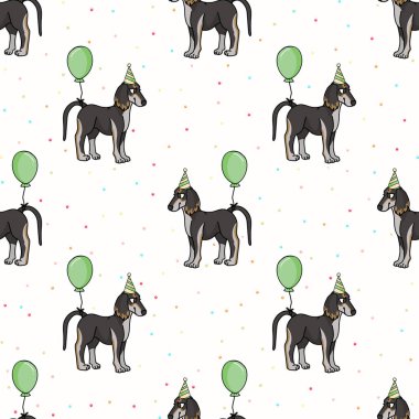 Elle çizilmiş şirin bir saluki köpeği. Şapkası kusursuz vektör desenli. Safkan soy ağacı ailevi kutlama geçmişi. Her yerde köpek sever hayvanlar var. Köpek kulübesi köpeği. EPS 10. 