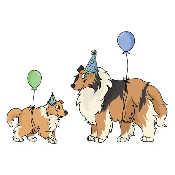 Mignon dessin animé rugueux collie chien et chiot avec chapeau de fête clipart vecteur. Chien de berger chenil généalogique pour les amateurs de chiens. Chiot domestique de race pure pour la mascotte illustration célébration. Canin isolé pelucheux . — Image vectorielle