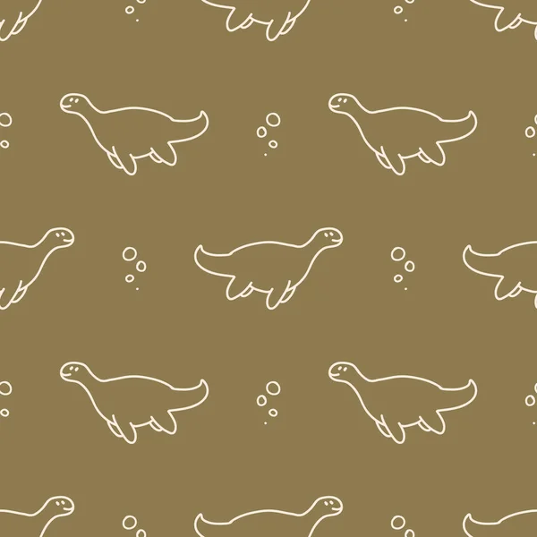 Seamless background Plesiosaurus aquatic dinosaur gender neutral baby pattern. Simple whimsical minimal earthy 2 tone color. Kids nursery wallpaper or boho cartoon animal fashion all over print. — Stock Vector