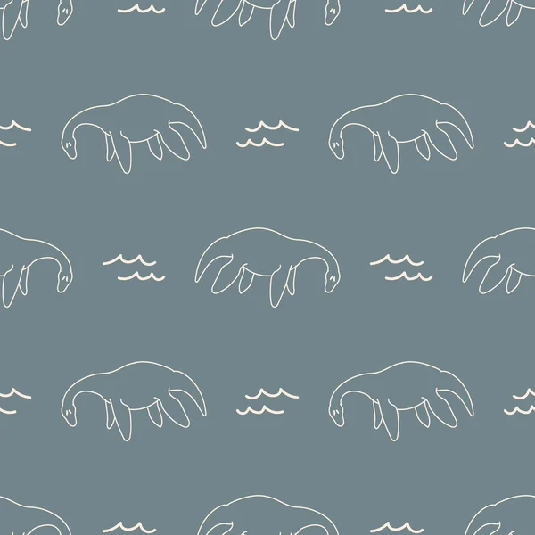 Seamless background Plesiosaurus dinosaur with wave gender neutral baby pattern. Simple whimsical minimal earthy 2 tone color. Kids nursery wallpaper or boho cartoon animal fashion all over print. — Stock Vector