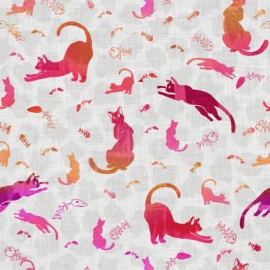 Kusursuz kedi suluboya dokuması. Keten kumaş arka planında el yapımı grunge damaske. Ombre boyası renk efekti tarzında yıkanmış. Sıkıntılı el yapımı sanatsal bir hayvan. Boho ev dekorasyonu 