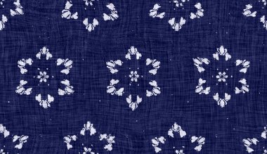 Kusursuz çivit boyanmış bandana dokusu. Mavi, koyu, pamuk efektli arka plan. Tekrar ediyorum, Endonezya batiği direnç kalıbı. Beyaz blok tüm tekstil mahsullerine basılmış. El yapımı boho kumaş izi.