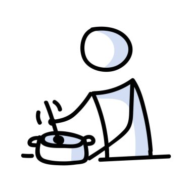 Güzel çöp adam yemekleri ve karıştırıcı marihuana ikonu. Yemek hazırlama fotoğrafı. Ev yapımı yemek resimlerinin iletişimi. Kaşık ve yemek vektörü grafikli mutfak. 