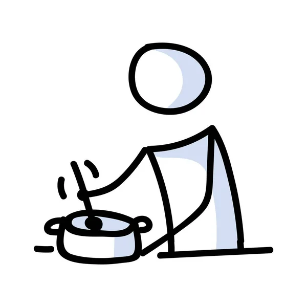 Lindo palo figura cocinar y agitar olla icono lineal. Pictograma de preparación de la cena. Comunicación de ilustración casera de comidas. Cocina con cuchara y almuerzo vector gráfico . — Vector de stock