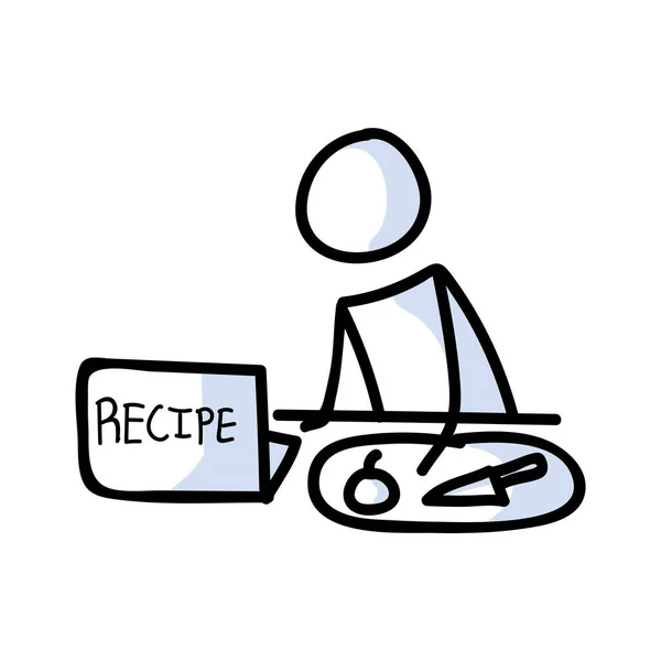 Aranyos pálcika figura főzés recept laptop lineart ikon. Vacsora piktogram készítés. Házi étkezés illusztráció közlése. Konyha késsel és vágódeszka vektorral grafika. — Stock Vector