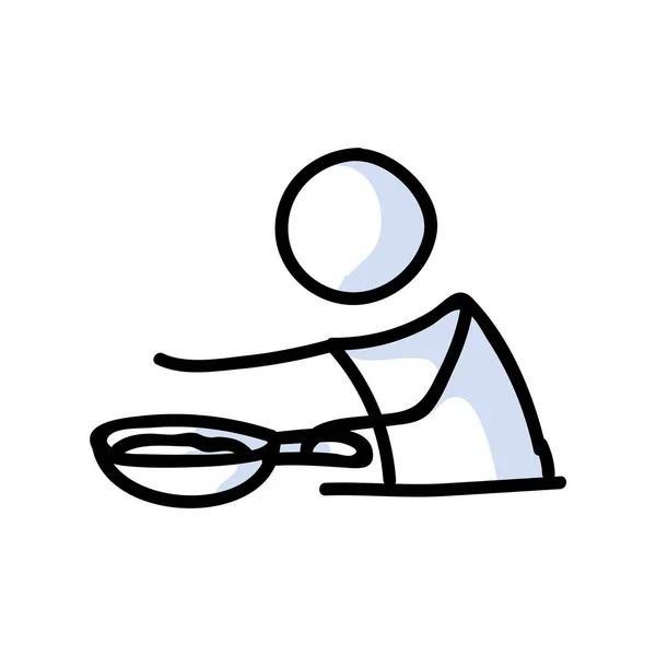 Leuke stok figuur koken met koekenpan lineart icoon. Diner voorbereiding pictogram. Communicatie van zelfgemaakte maaltijd illustratie. Keuken met lepel en lunch vector grafisch. — Stockvector