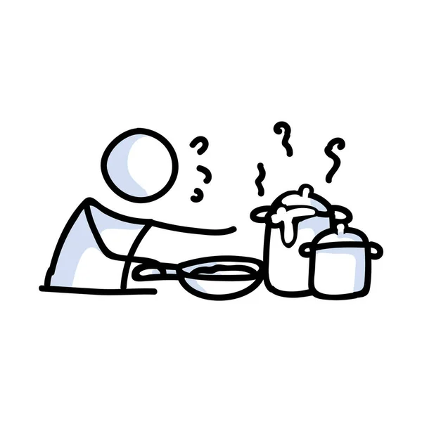 Cute stick figure cooking with overflowing pots lineart icon. Dinner preparation pictogram. Communication of homemade meal illustration. Kitchen with spoon and lunch vector graphic. — Stock Vector