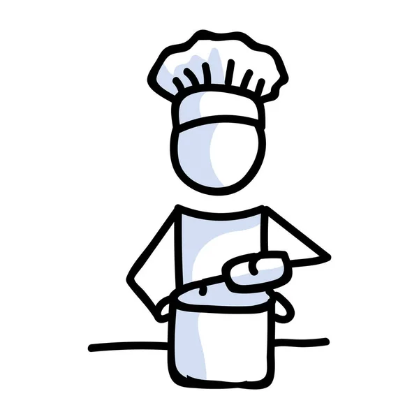 Cute stick figure chef cuisinier à la maison lineart icône. Pictogramme de préparation du dîner. Communication de l'illustration de repas de restaurant. Cuisine avec verser dans la casserole et le déjeuner vecteur graphique . — Image vectorielle