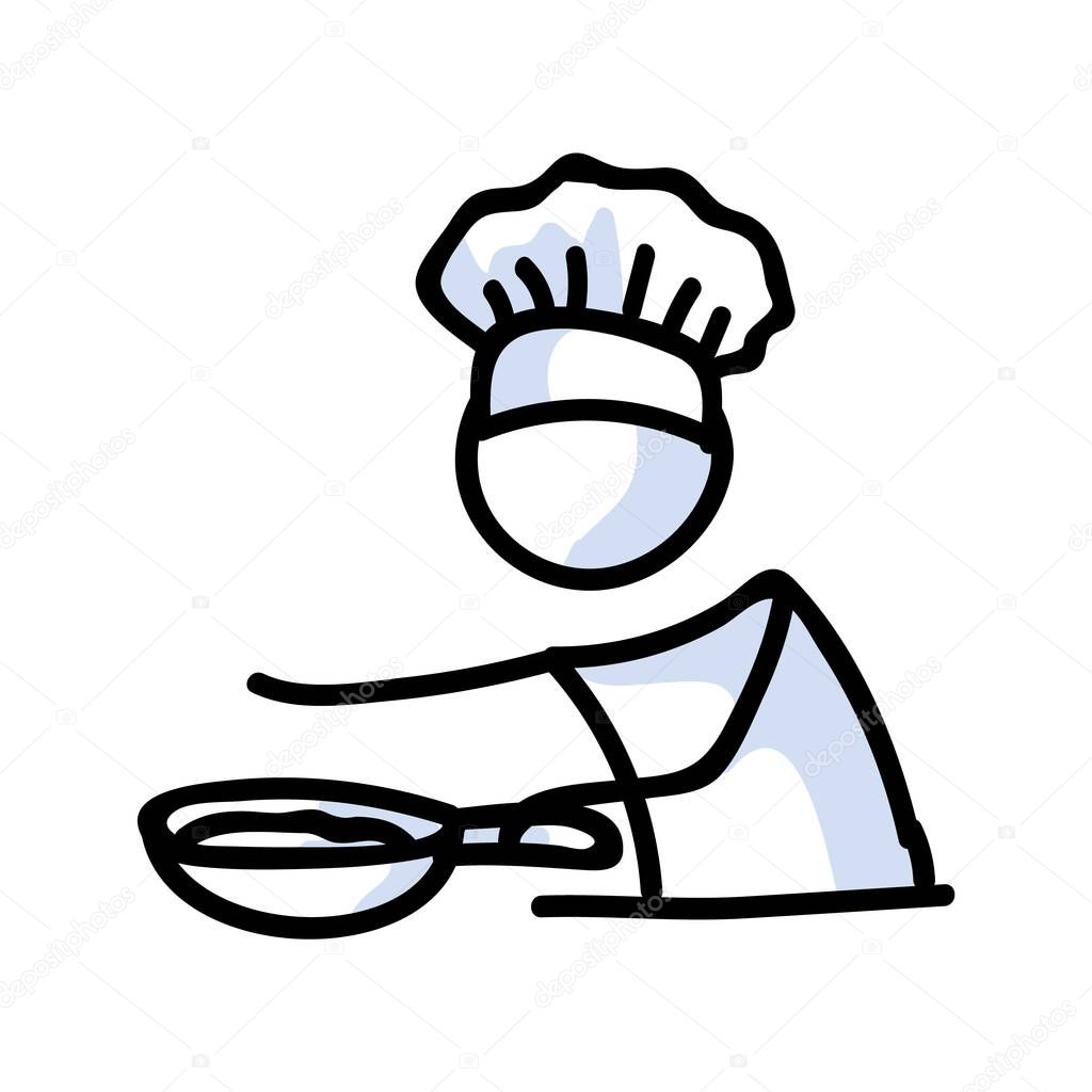 Cute stick figure chef cooking with frying pan lineart icon. Dinner preparation pictogram. Communication of restaurant meal illustration. Kitchen with spoon and lunch vector graphic. 