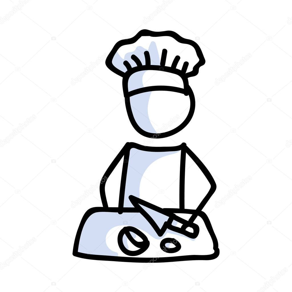 Cute stick figure chef cooking and chopping ingredients lineart icon. Dinner preparation pictogram. Communication of homemade meal illustration. Kitchen with knife vector graphic. 