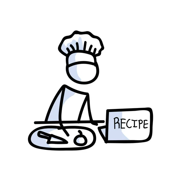 Χαριτωμένο ραβδί σχήμα σεφ συνταγή μαγειρικής στο laptop lineart εικονίδιο. Εικονόγραμμα προετοιμασίας δείπνου. Επικοινωνία της εικονογράφησης γεύματος εστιατορίου. Κουζίνα με μαχαίρι και κοπή πίνακα διάνυσμα γραφικά. — Διανυσματικό Αρχείο