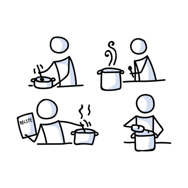 Roztomilá figurka vaření recept nastavit lineart ikonu. Piktogram přípravy večeře. Sdělování domácí jídlo ilustrace. Kuchyně s lžící a vektorovou grafikou. — Stockový vektor