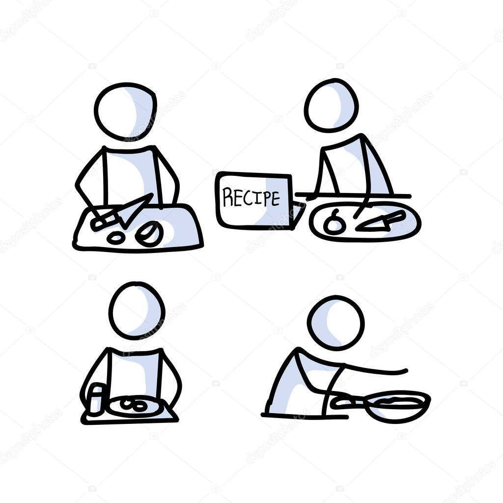 Cute stick figure chef cooking recipe on laptop set lineart icon. Dinner preparation pictogram. Communication of restaurant meal illustration. Kitchen with knife and chopping board vector graphic. 