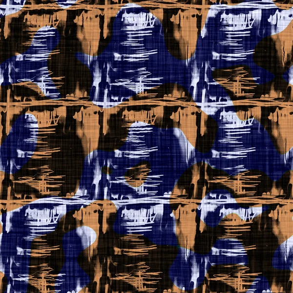 Texture bandana sans couture teinte indigo. Tache bleue orange tissé fond effet coton. Répétez le motif de résistance au camouflage batik indonésien. Teinture tache tache tache sur tout le textile. Impression tissu Boho — Photo