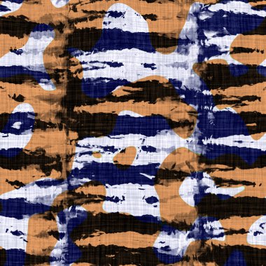 Kusursuz çivit boyanmış bandana dokusu. Mavi turuncu leke, pamuk efekti arka planında. Tekrar ediyorum, Endonezya Batik kamuflajı direnç kalıbı. Boya lekesi tekstilin her yerine sıçramış. Boho kumaş izi