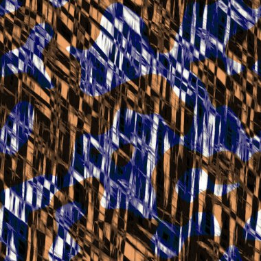 Kusursuz çivit boyanmış bandana dokusu. Mavi turuncu leke, pamuk efekti arka planında. Tekrar ediyorum, Endonezya Batik kamuflajı direnç kalıbı. Boya lekesi tekstilin her yerine sıçramış. Boho kumaş izi