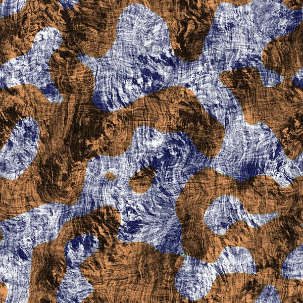 Naadloze indigo geverfde bandana textuur. Blauw oranje vlek geweven katoen effect achtergrond. Herhaal Indonesische batik camouflage weerstaan patroon. Splodge blob kleurstof vlek over textiel. Boho doek print — Stockfoto