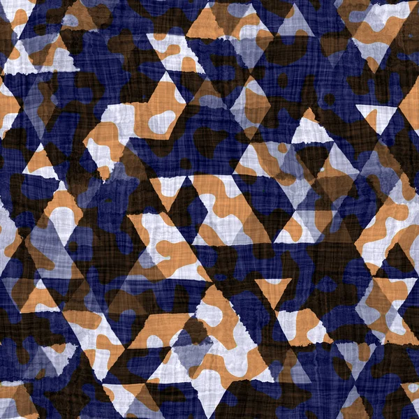 Naadloze indigo geverfde bandana textuur. Blauw oranje vlek geweven katoen effect achtergrond. Herhaal Indonesische batik camouflage weerstaan patroon. Splodge blob kleurstof vlek over textiel. Boho doek print — Stockfoto