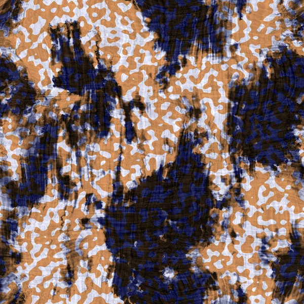 Texture bandana sans couture teinte indigo. Tache bleue orange tissé fond effet coton. Répétez le motif de résistance au camouflage batik indonésien. Teinture tache tache tache sur tout le textile. Impression tissu Boho — Photo