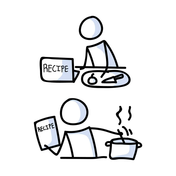 Aranyos két pálcika figura szakács főzés recept laptop lineart ikon. Vacsora piktogram készítés. Éttermi étkezés illusztráció közlése. Konyha késsel és vágódeszka vektorral grafika. — Stock Vector
