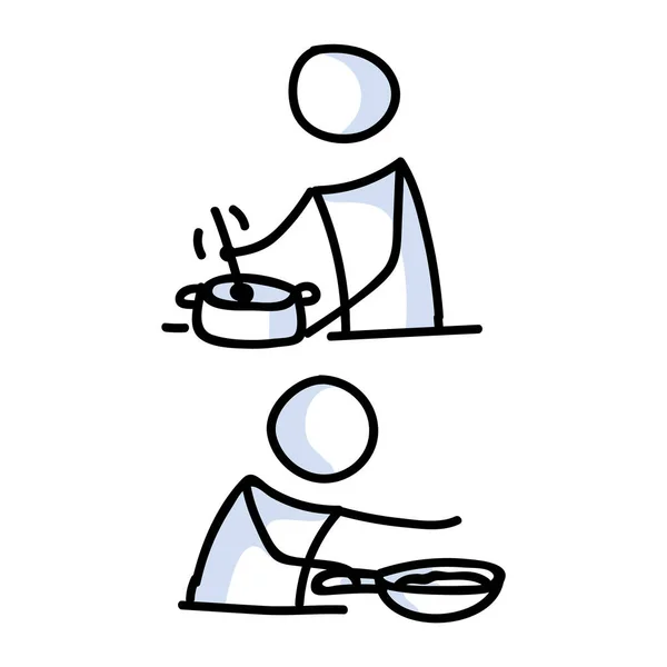 Симпатичный палочка фигурка два шеф-повара приготовления с жарящей сковородой иконка линейного. Пиктограмма приготовления ужина. Общение иллюстрации трапезы ресторана. Кухня с ложкой и векторной графикой . — стоковый вектор