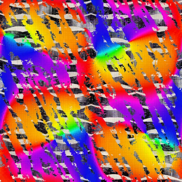 Naadloze levendige regenboog geschilderde textuur. Gedurfde psychedelische neon artistieke achtergrond. Gewassen krijt krabbel onvolmaakte penseel slagpatroon. Funky kleurrijke camo abstract. Leuke kunst overal te zien — Stockfoto