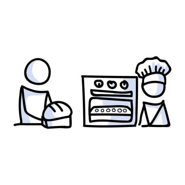 Kurabiye tepsisi çizim ikonu olan iki fırıncı. Yemek hazırlama fotoğrafı. Pasta pişirme illüstrasyonunun iletişimi. Fırın vektör grafikli mutfak. 