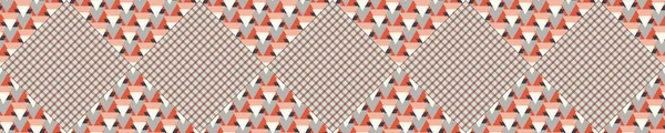 Vettore senza soluzione di continuità nel modello geometrico patchwork trapunta piastrelle bordo. Metà del secolo moderno tessuto lino texture stile banner sfondo. Bordo decorativo a colori vintage anni '50. Geo astratto nastro grafico assetto — Vettoriale Stock