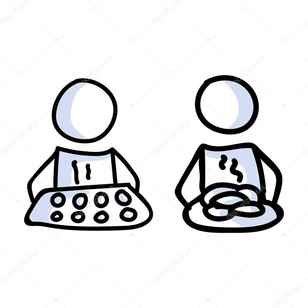 Cute stick figure two baker with cookie tray lineart icon. Dinner preparation pictogram. Communication of pastry baking illustration. Kitchen with bakery vector graphic. 