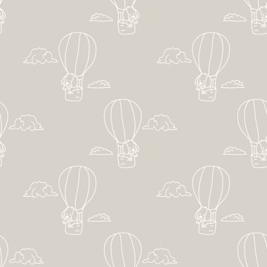 Sıcak hava balonundaki kusursuz arka plan köpeği cinsiyet olarak nötr bebek deseninde. Basit, asgari, 2 tonluk dünya rengi. Çocuk odası duvar kâğıdı ya da karikatür hayvan tarzı baskılar..