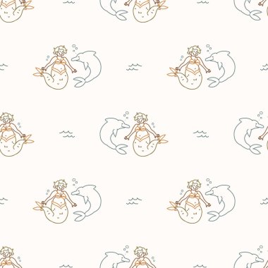 Kusursuz arka plan denizkızı ve yunus cinsiyeti nötr bebek modeli. Basit kaprisli asgari toprak rengi. Çocuk odası duvar kâğıdı ya da boho hayvan modası..