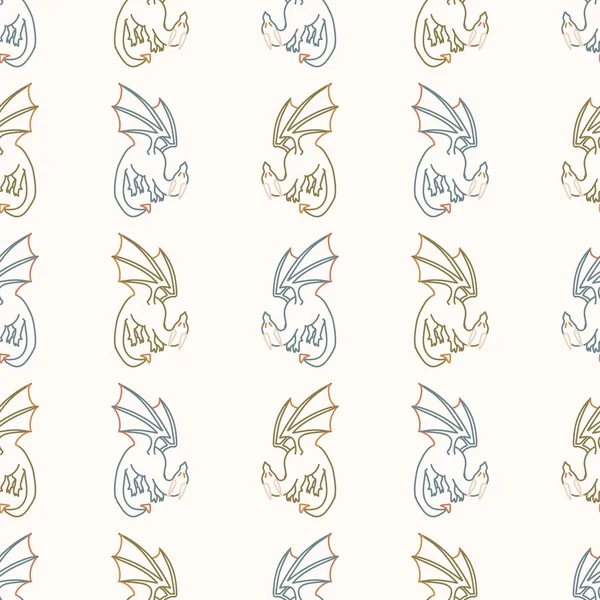 シームレスな背景飛行ドラゴン性別中性赤ちゃんのパターン。シンプルな気まぐれな最小限の土っぽい2トーンの色。子供の保育園壁紙やboho漫画動物ファッション｜print. — ストックベクタ
