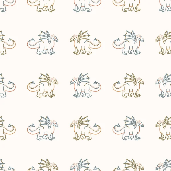 Seamless background dragons gender neutral baby pattern. Simple whimsical minimal earthy 2 tone color. Kids nursery wallpaper or boho cartoon animal fashion all over print. — Stock Vector