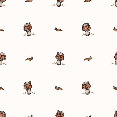 Mantar cinsiyeti nötr bebek deseninde kusursuz bir arka plan sümüklüböceği. Basit, asgari, 2 tonluk dünya rengi. Çocuk odası duvar kâğıdı ya da çizgi film karakteri orman hayvanı tarzı baskılar..