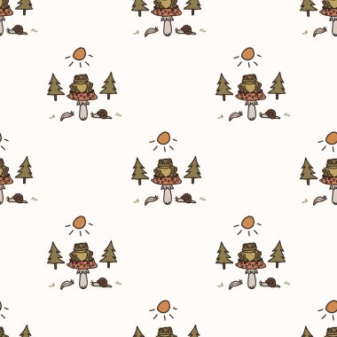 Kusursuz arka plan kurbağası ve mantar cinsiyetli nötr bebek deseni. Basit, asgari, 2 tonluk dünya rengi. Çocuk odası duvar kâğıdı ya da çizgi film karakteri orman hayvanı tarzı baskılar..