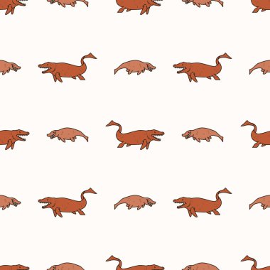 Kusursuz arka plan iki su canlısı Mosasaurus dinazoru cinsiyet olarak nötr bebek deseni. Basit, asgari, 2 tonluk dünya rengi. Çocuk odası duvar kâğıdı ya da karikatür hayvan tarzı baskılar..