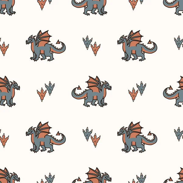 Seamless background dragon with foot print gender neutral baby pattern. Simple whimsical minimal earthy 2 tone color. Kids nursery wallpaper or boho cartoon animal fashion all over print. — Stock Vector