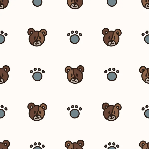 Fondo sin costuras osito de peluche cara y pata patrón de bebé neutro de género. Simple caprichoso mínimo terroso de 2 tonos de color. Niños vivero fondo de pantalla o dibujos animados boho moda animal por todas partes imprimir . — Archivo Imágenes Vectoriales