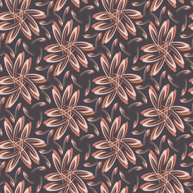 Koyu kahverengi papatya arkaplanı. Kusursuz retro çiçek vektör deseni. Tarz verilmiş, klasik çiçek deseni arka planı. 1970 'lerin modası ya da ev dekoru örnekleri. Dekoratif parmak izinin üzerine kapatıldı.