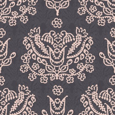 Russet kahverengi arabesk arka planı. Kusursuz retro damasyon vektör deseni. Tarz verilmiş, klasik çiçek deseni arka planı. 1970 'lerin modası ya da ev dekoru örnekleri. Dekoratif izin izini zenginleştir