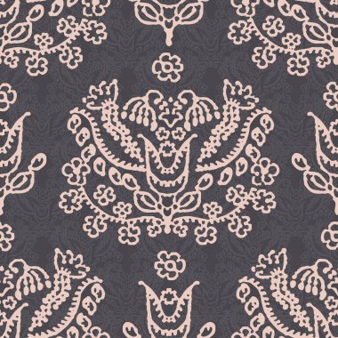 Russet brown arabesque background. Seamless retro damask vector pattern. Stylized drawn vintage flower texture background. 1970s trendy fashion or home decor swatch. Decorative flourish allover print clipart