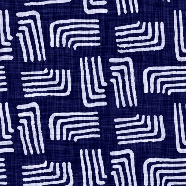 Kusursuz çivit geometrik doku. Mavi örülmüş boro pamuk boyalı efekt arka planı. Japonya Batik direncini tekrarlıyor. Sıkıntılı giyilmiş kumaş kravat boyası beyazlatıcısı. Asya füzyon izin Kimono tekstil baskısı 