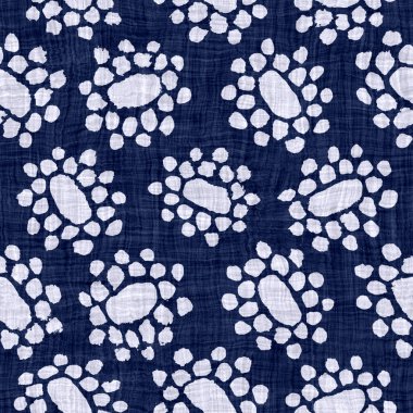 Kusursuz çiçek dokusu. İndigo mavisi örülmüş boro pamuğu boyalı efekt arka planı. Japonlar batik desenleri tekrarlıyor. Blok baskısı çiçek boyası damasyonu. Tüm tekstil Asya 'da. Giysi izi.