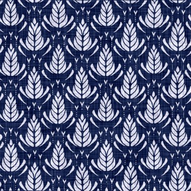 Kusursuz çiçek dokusu. İndigo mavisi örülmüş boro pamuğu boyalı efekt arka planı. Japonlar batik desenleri tekrarlıyor. Blok baskısı çiçek boyası damasyonu. Tüm tekstil Asya 'da. Giysi izi.